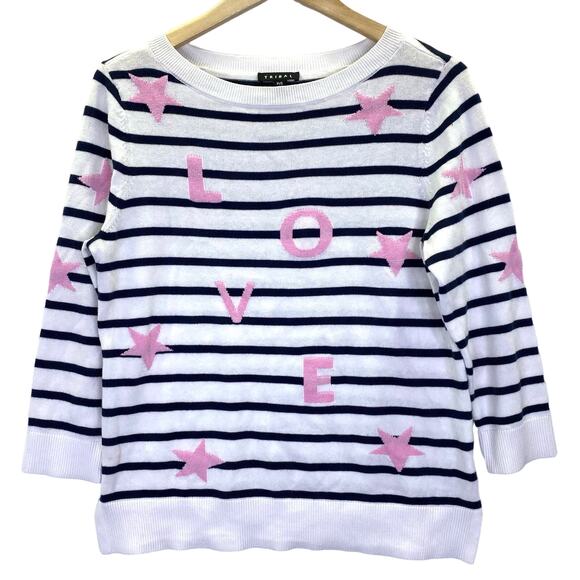 TRIBAL Breton Striped Nautical LOVE Sweater Womens S Blue Pink Coastal 4th July - Picture 1 of 10